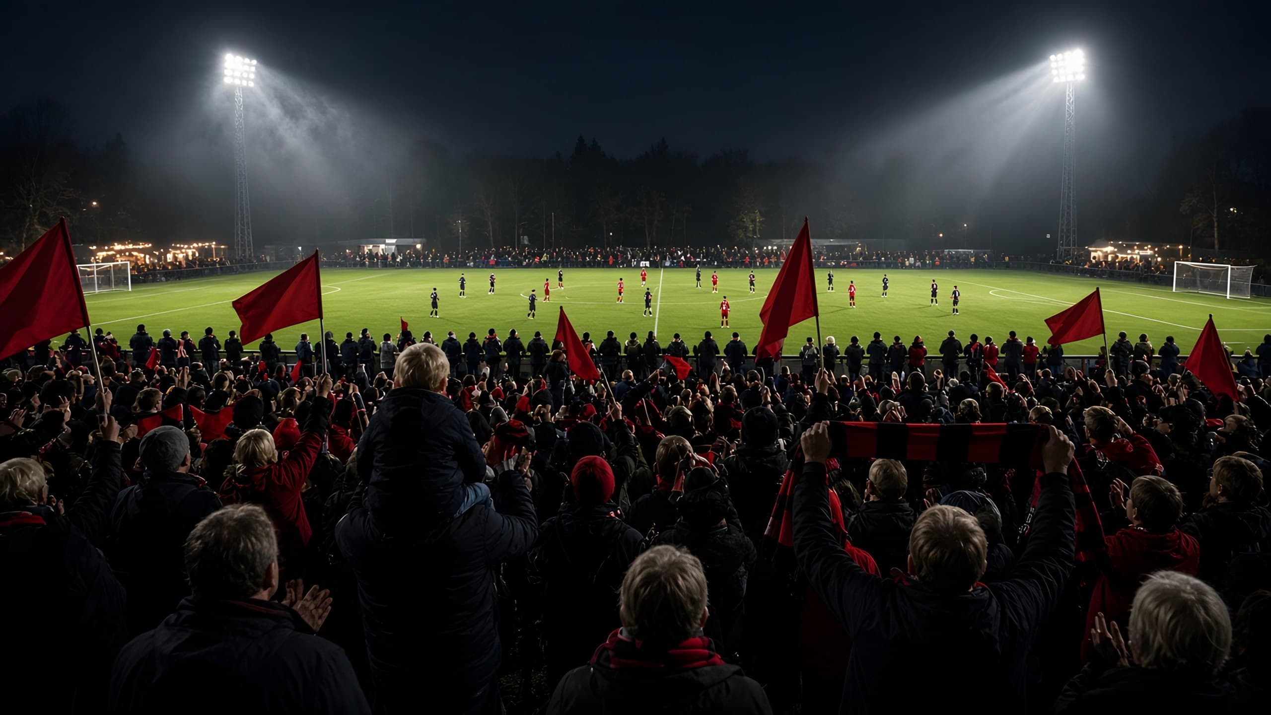 Families en kinderen met rode vlaggen langs een verlicht voetbalveld